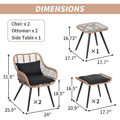 SUNSITT 5 Pieces Outdoor Wicker Conversation Chair Sets W/Coffee Table Ottomans, Black