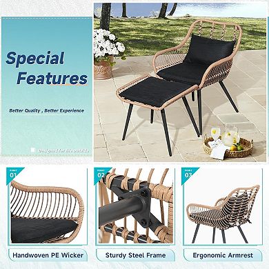 SUNSITT 5 Pieces Outdoor Wicker Conversation Chair Sets W/Coffee Table Ottomans, Black