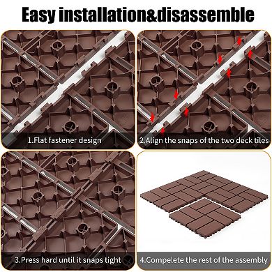 44pcs 12x12in Plastic Interlocking Deck Tiles All Weather Waterproof Brown