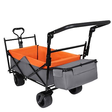 480Lbs Collapsible Wagon with Canopy Push Handle 7 Wheels Orange Camping Shopping