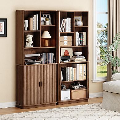 Curved Bookshelf with Storage Cabinet & Adjustable Shelves for Home Office