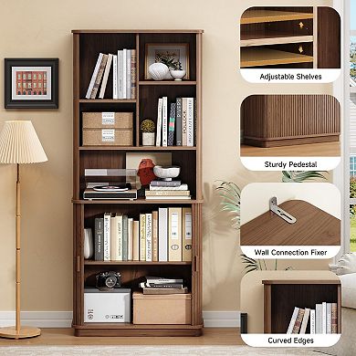Curved Bookshelf with Storage Cabinet & Adjustable Shelves for Home Office