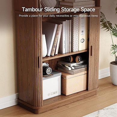 Curved Bookshelf with Storage Cabinet & Adjustable Shelves for Home Office