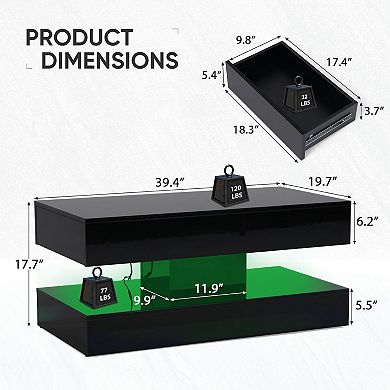 SUNSITT Modern High Gloss LED Coffee Table with Storage 2-Tier Center Table with Sliding Drawers
