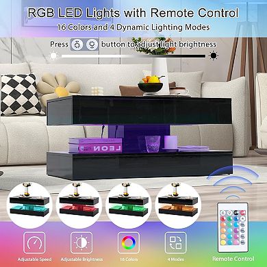 SUNSITT Modern High Gloss LED Coffee Table with Storage 2-Tier Center Table with Sliding Drawers