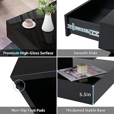 SUNSITT Modern High Gloss LED Coffee Table with Storage 2-Tier Center Table with Sliding Drawers