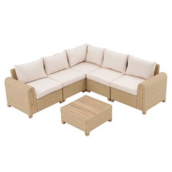 SUNSITT 6 pc Patio Furniture Set, Outdoor Wicker & Acacia Wood Sectional Sofa Set