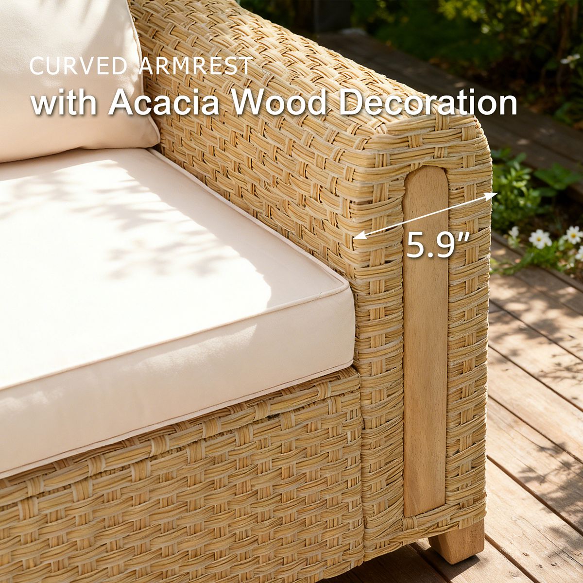 Woven wicker sectional armrest with acacia wood decorative detail