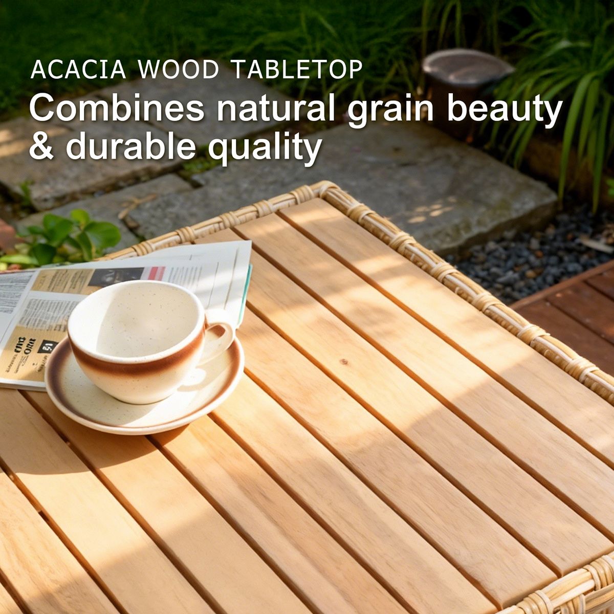 Acacia wood tabletop with natural grain on outdoor wicker side table