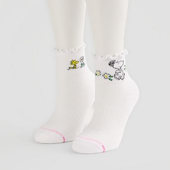Women's Dr. Motion 2-Pack Peanuts Snoopy Floral Lettuce Edge Compression Quarter Socks