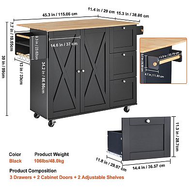Kitchen Island with Drawers, Cabinets, Adjustable Shelves, and Hooks
