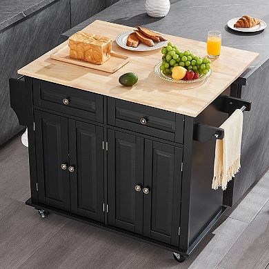 Kitchen Island with Drawers, Cabinets, and Foldable Drop Leaf