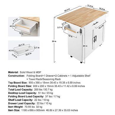 Kitchen Island with Drop-Leaf Counter, Drawers, Cabinets, and Swivel Casters