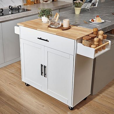 Kitchen Island with Drop-Leaf Counter, Drawers, Cabinets, and Swivel Casters