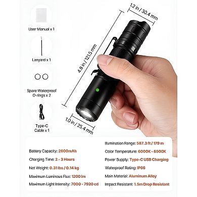 Rechargeable LED Flashlight with 1200 Lumens, 6 Modes, and IP66 Waterproof