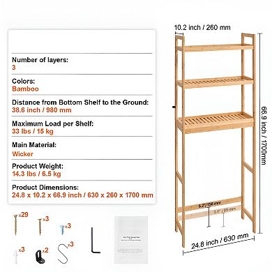 Over-the-Toilet Bathroom Storage Rack with 3 Shelves and Hanging Hooks