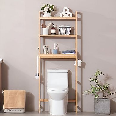 Over-the-Toilet Bathroom Storage Rack with 3 Shelves and Hanging Hooks