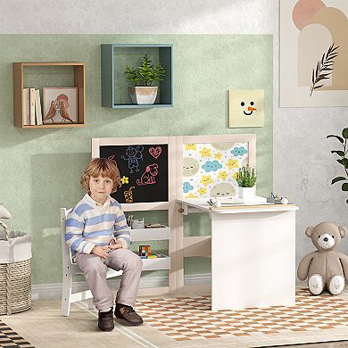 Qaba 3 in 1 Kids Table and Chair Set with Storage, board, Blackboard