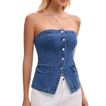 Women's Denim Tube Tops Button Front Elastic Back Crop Strapless Bandeau Top