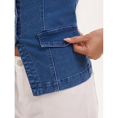 Women's Denim Tube Tops Button Front Elastic Back Crop Strapless Bandeau Top