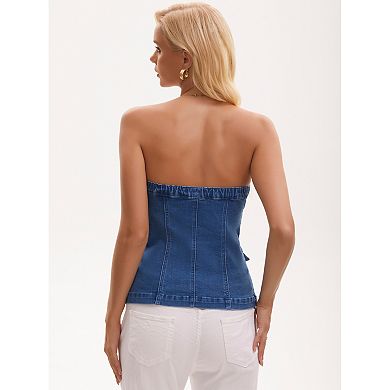 Women's Denim Tube Tops Button Front Elastic Back Crop Strapless Bandeau Top