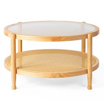 Rattan Coffee Table with Glass Top and Lower Shelf for Living Room or Patio