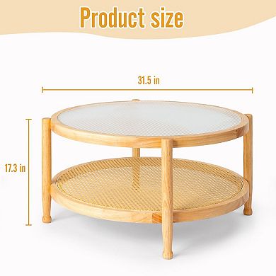 Rattan Coffee Table with Glass Top and Lower Shelf for Living Room or Patio