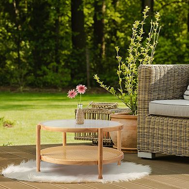Rattan Coffee Table with Glass Top and Lower Shelf for Living Room or Patio