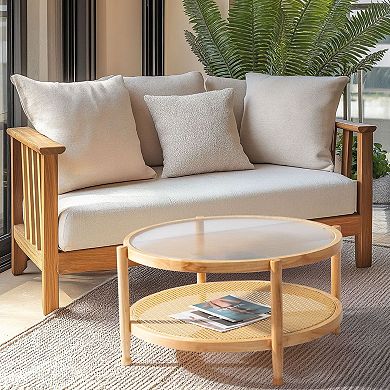 Rattan Coffee Table with Glass Top and Lower Shelf for Living Room or Patio