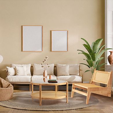 Rattan Coffee Table with Glass Top and Lower Shelf for Living Room or Patio