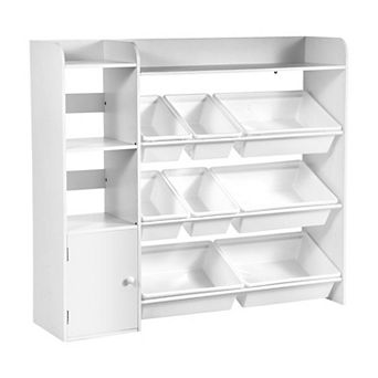 Storage Organizer with Slanted Bins, Cabinet, and Open Shelves