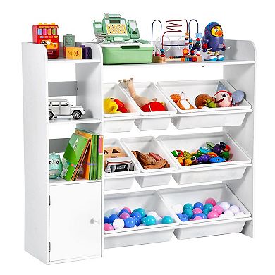 Storage Organizer with Slanted Bins, Cabinet, and Open Shelves