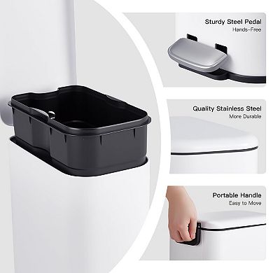 Slim Trash Can with Soft-close Lid, Stainless Steel Kitchen Step-on Garbage Can with Inner Bucket