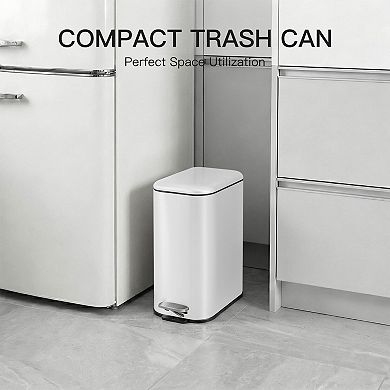 Slim Trash Can with Soft-close Lid, Stainless Steel Kitchen Step-on Garbage Can with Inner Bucket