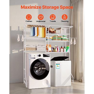 Over Washer and Dryer Storage Shelf with Adjustable Shelves, Hooks, and Hanging Rods