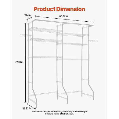 Over Washer and Dryer Storage Shelf with Adjustable Shelves, Hooks, and Hanging Rods
