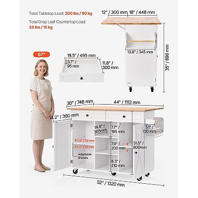 Kitchen Island with Storage Drawers, Cabinets, Drop-Leaf Countertop