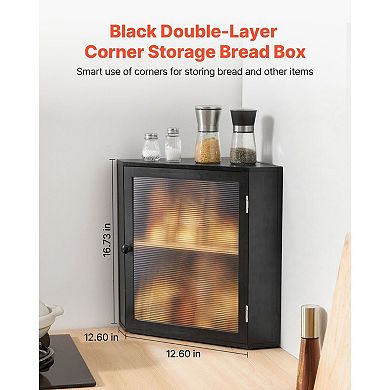 Wicker Bread Box for Kitchen Corners with Acrylic Door and Ventilation Holes - Black