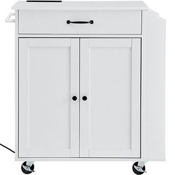 Rolling Kitchen Island Cart with Power Strip, Drawer, Cabinets, and Adjustable Shelf