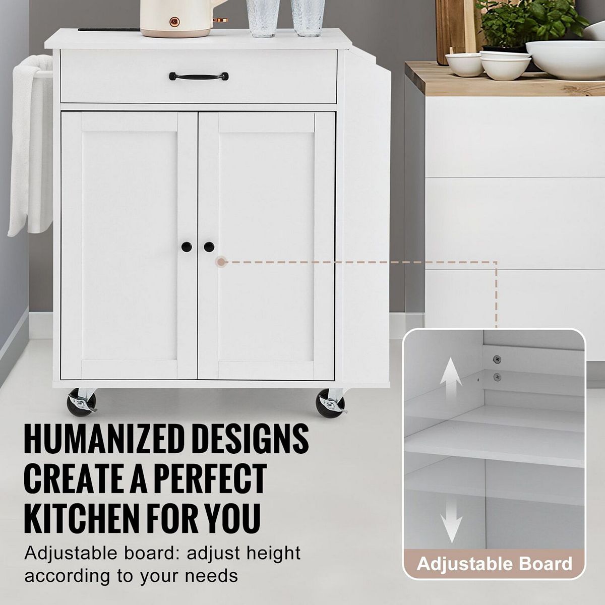 White rolling kitchen island cart showing adjustable shelf storage
