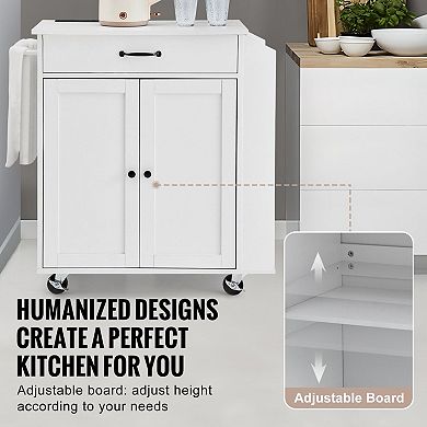 Rolling Kitchen Island Cart with Power Strip, Drawer, Cabinets, and Adjustable Shelf