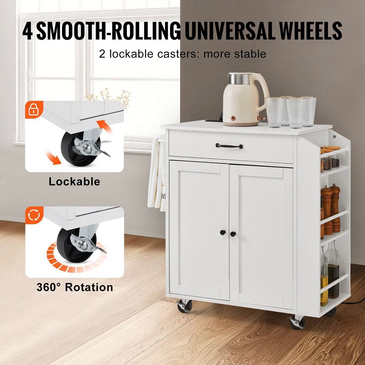 White rolling kitchen island cart with lockable 360° caster wheels