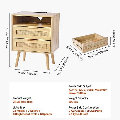 Multi-Use Rattan Nightstand with Drawer, Shelf, and AC/USB Charging Ports