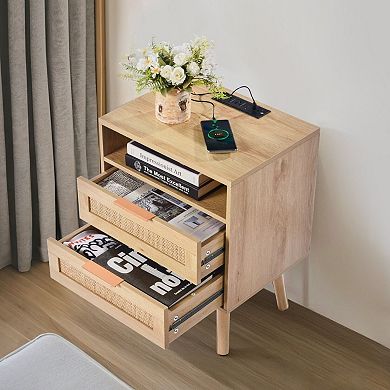 Multi-Use Rattan Nightstand with Drawer, Shelf, and AC/USB Charging Ports