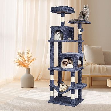 Multi-Level Cat Tree for 14 Small/Medium Cats with Two Condos Hammock Perch