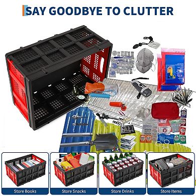 Collapsible Crate, 55L Foldable Plastic Milk Crate with Side Handles, 55 LBS Load, Red