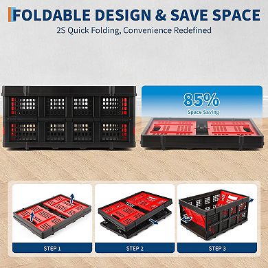 Collapsible Crate, 55L Foldable Plastic Milk Crate with Side Handles, 55 LBS Load, Red