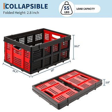 Collapsible Crate, 55L Foldable Plastic Milk Crate with Side Handles, 55 LBS Load, Red