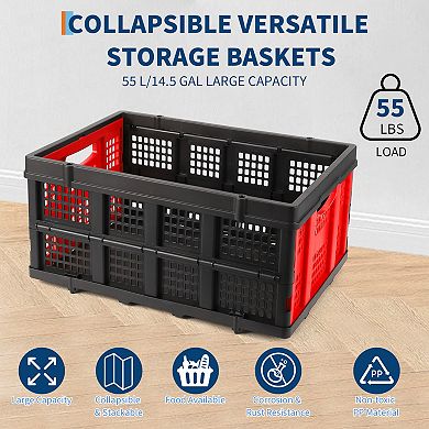 Collapsible Crate, 55L Foldable Plastic Milk Crate with Side Handles, 55 LBS Load, Red