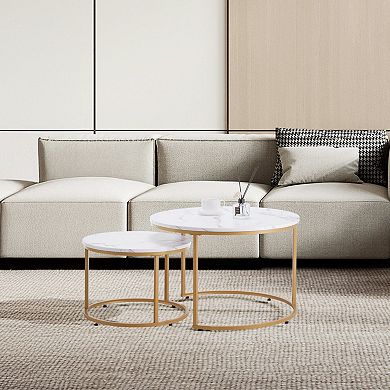 Set of 2 Modern Round Nesting Coffee and Side Table Set for Living Room